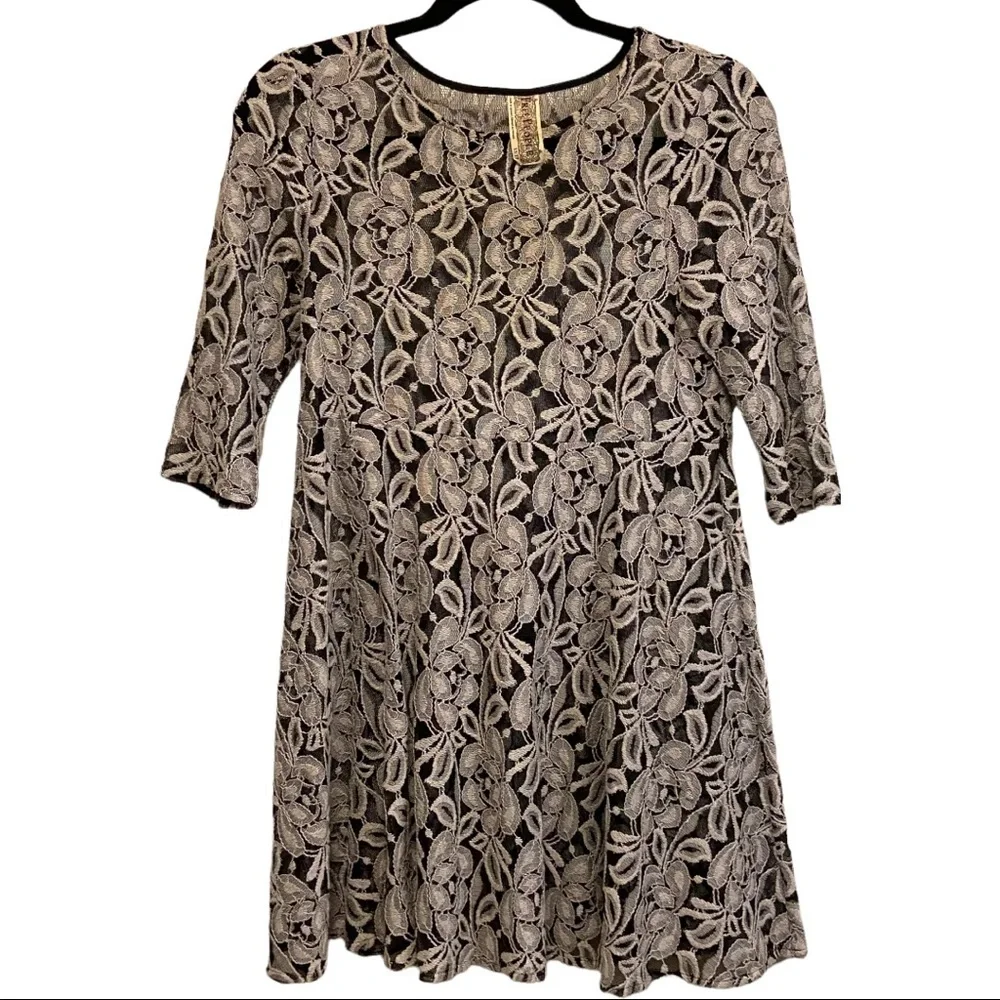 Free People Black Gray Floral Lace Sheer Three-quarter Sleeve Feminine Dress